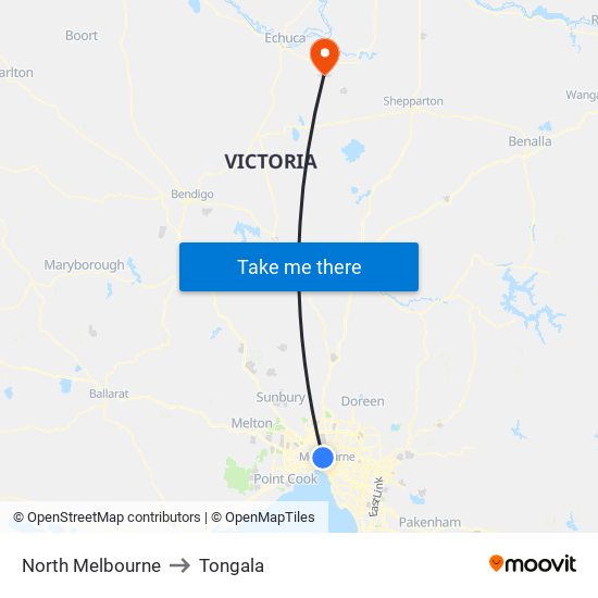 North Melbourne to Tongala map