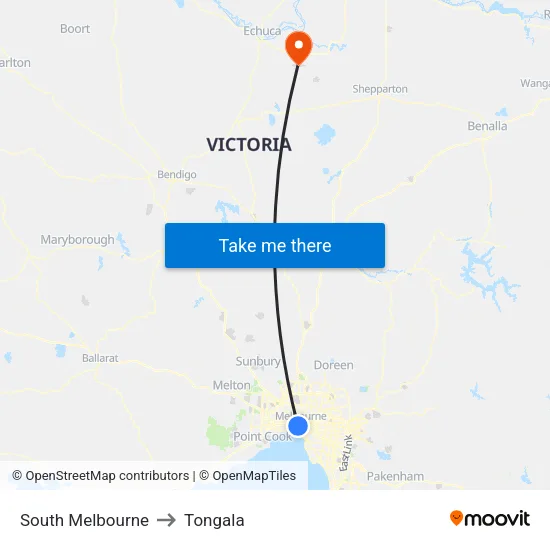 South Melbourne to Tongala map