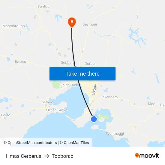 Hmas Cerberus to Tooborac map