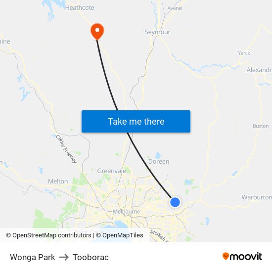 Wonga Park to Tooborac map