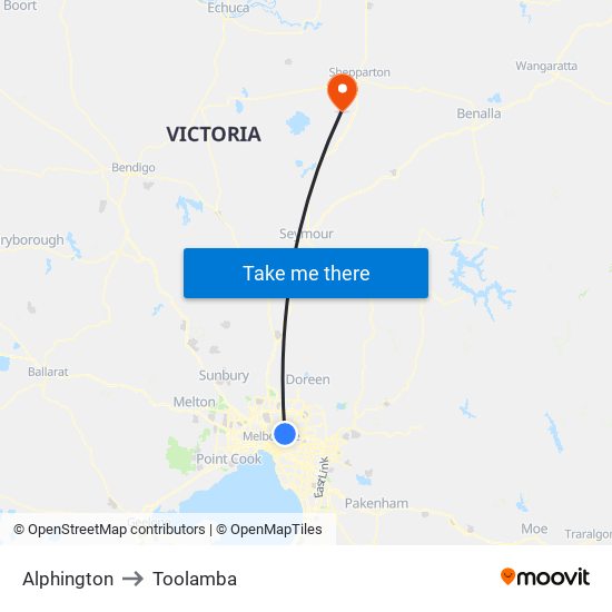 Alphington to Toolamba map