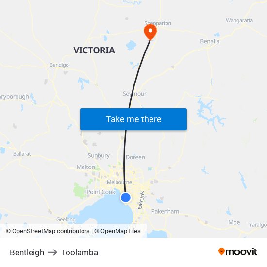 Bentleigh to Toolamba map