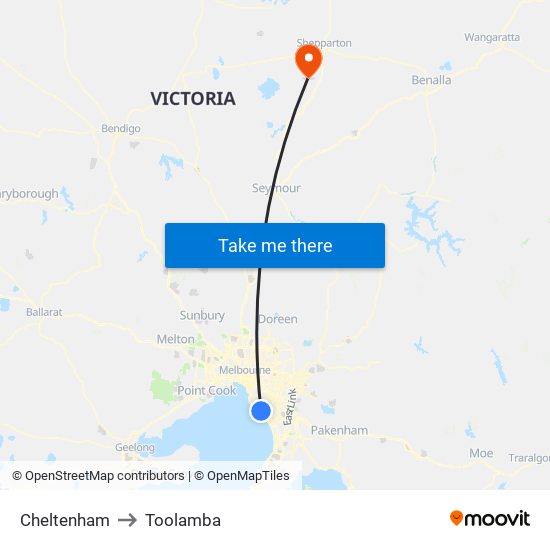 Cheltenham to Toolamba map