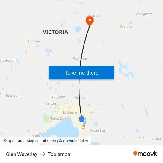 Glen Waverley to Toolamba map