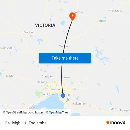 Oakleigh to Toolamba map