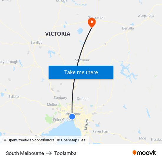 South Melbourne to Toolamba map