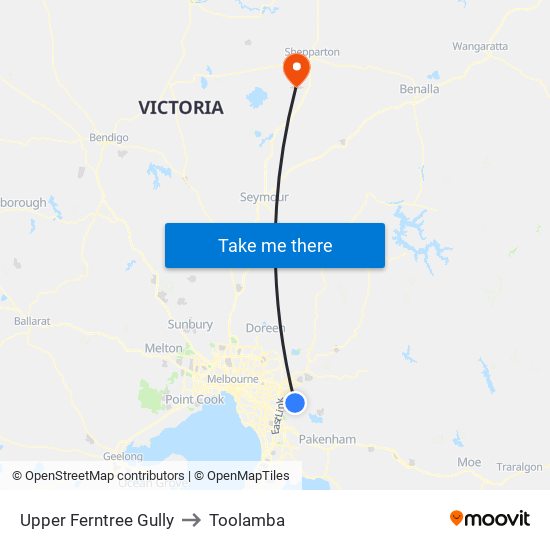 Upper Ferntree Gully to Toolamba map