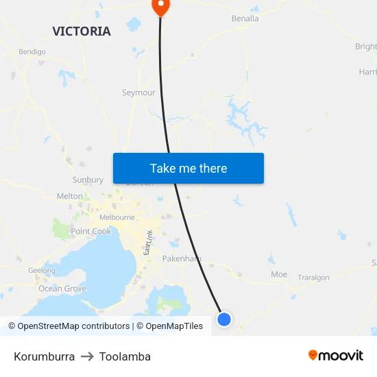 Korumburra to Toolamba map