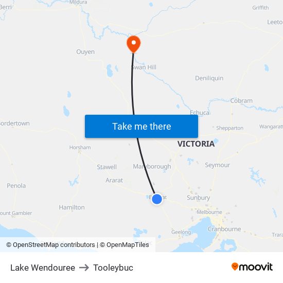 Lake Wendouree to Tooleybuc map