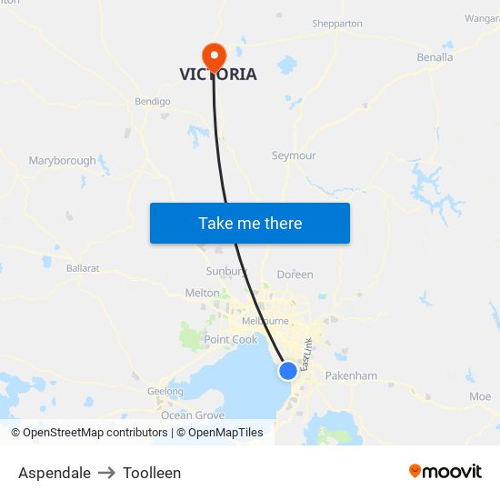 Aspendale to Toolleen map