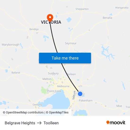 Belgrave Heights to Toolleen map