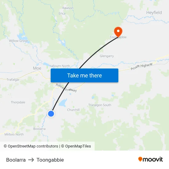 Boolarra to Toongabbie map
