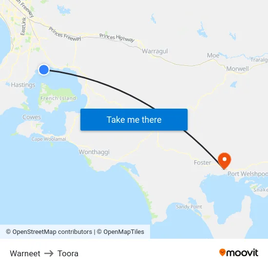 Warneet to Toora map