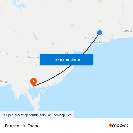 Bruthen to Toora map