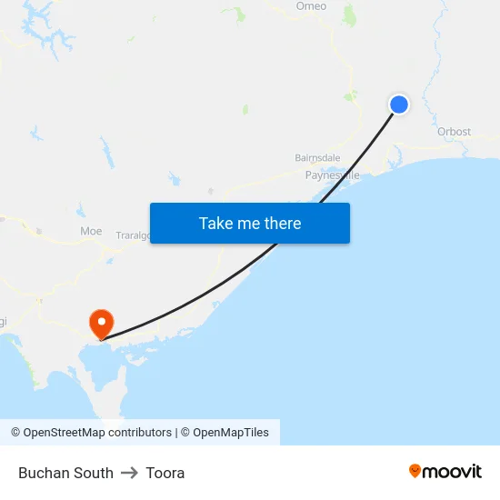 Buchan South to Toora map
