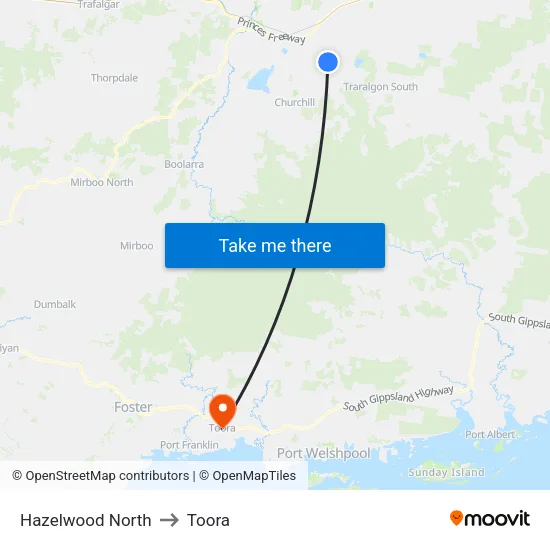 Hazelwood North to Toora map