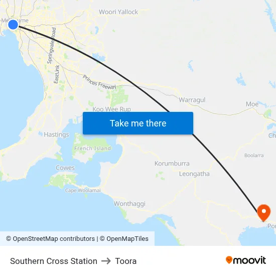 Southern Cross Station to Toora map