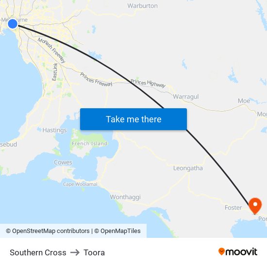 Southern Cross to Toora map