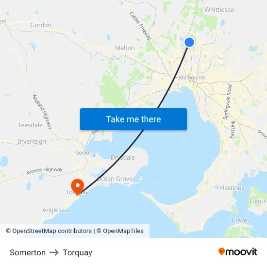 Somerton to Torquay map