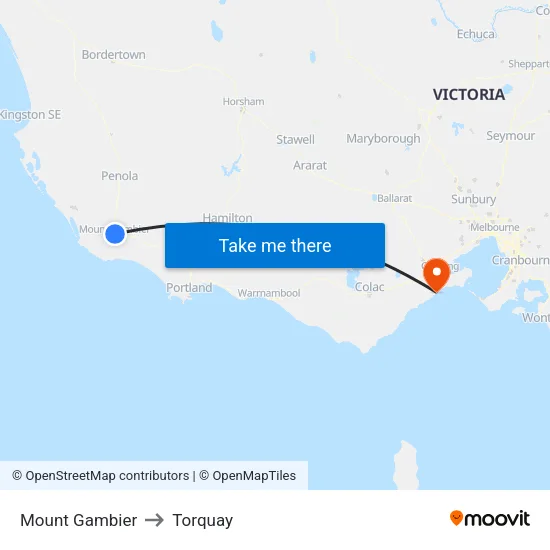 Mount Gambier to Torquay map
