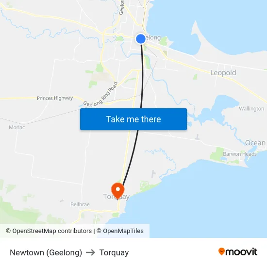 Newtown (Geelong) to Torquay map