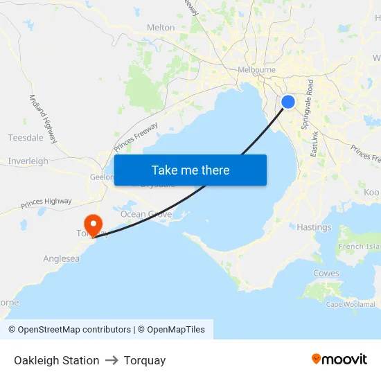 Oakleigh Station to Torquay map