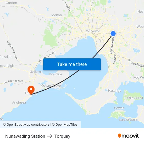 Nunawading Station to Torquay map