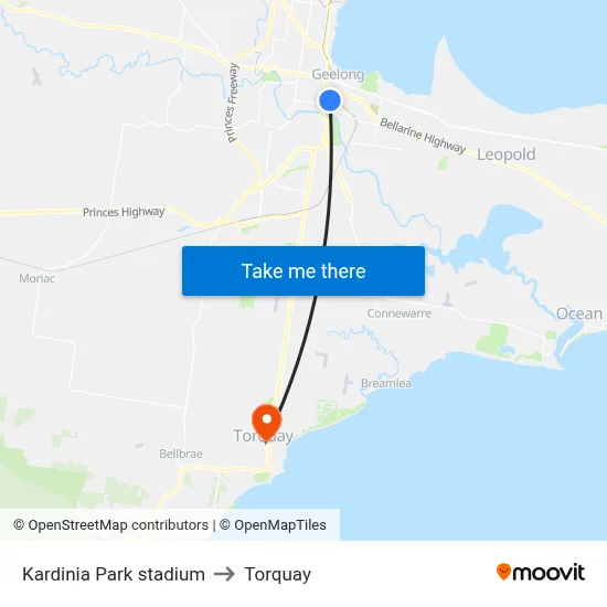 Kardinia Park stadium to Torquay map
