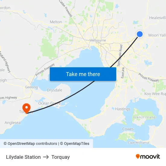 Lilydale Station to Torquay map