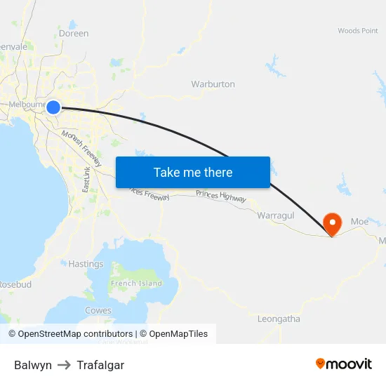 Balwyn to Trafalgar map