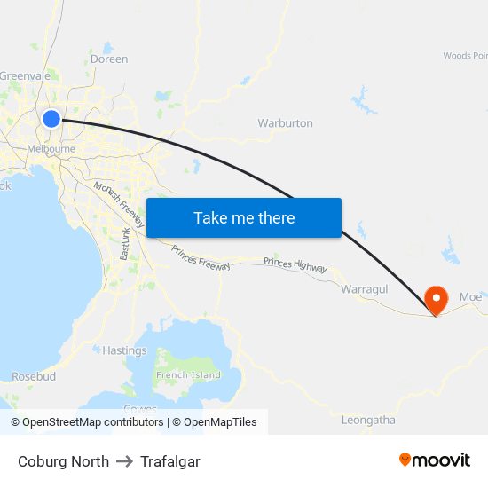 Coburg North to Trafalgar map