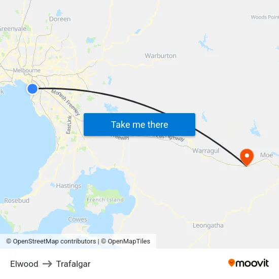 Elwood to Trafalgar map