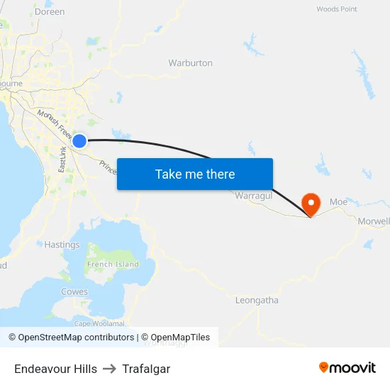 Endeavour Hills to Trafalgar map