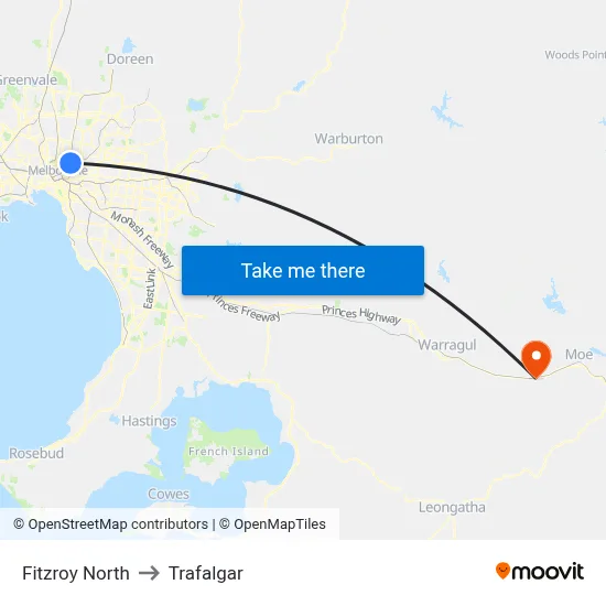 Fitzroy North to Trafalgar map