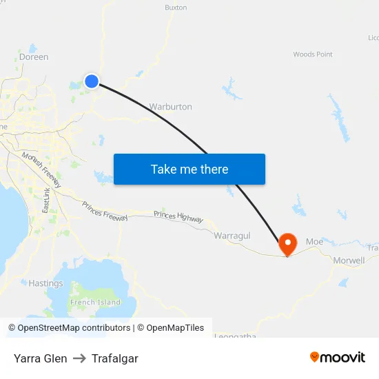 Yarra Glen to Trafalgar map