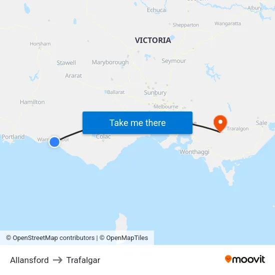Allansford to Trafalgar map