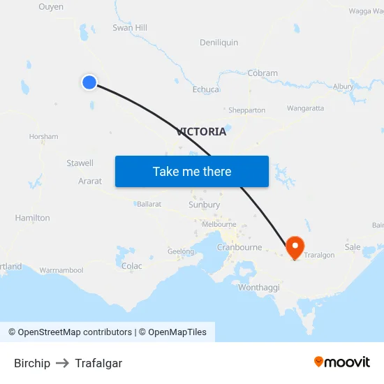 Birchip to Trafalgar map