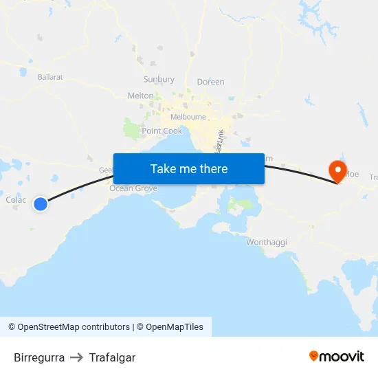 Birregurra to Trafalgar map