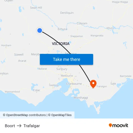 Boort to Trafalgar map