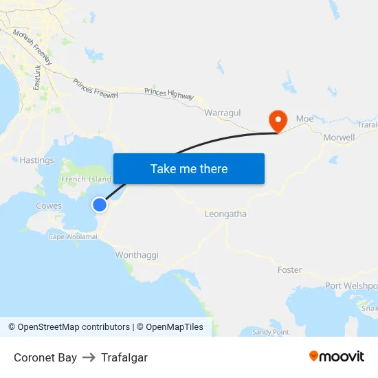 Coronet Bay to Trafalgar map