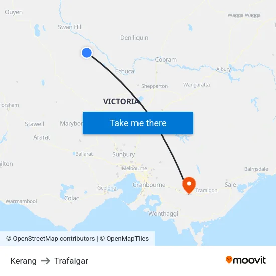 Kerang to Trafalgar map