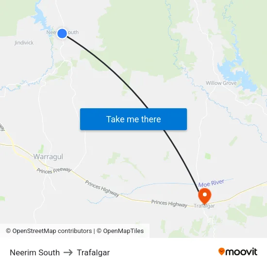 Neerim South to Trafalgar map