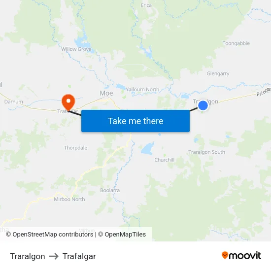 Traralgon to Trafalgar map