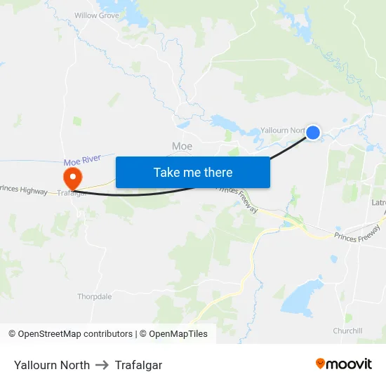 Yallourn North to Trafalgar map