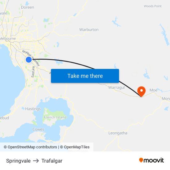 Springvale to Trafalgar map