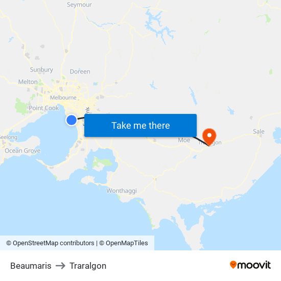 Beaumaris to Traralgon map