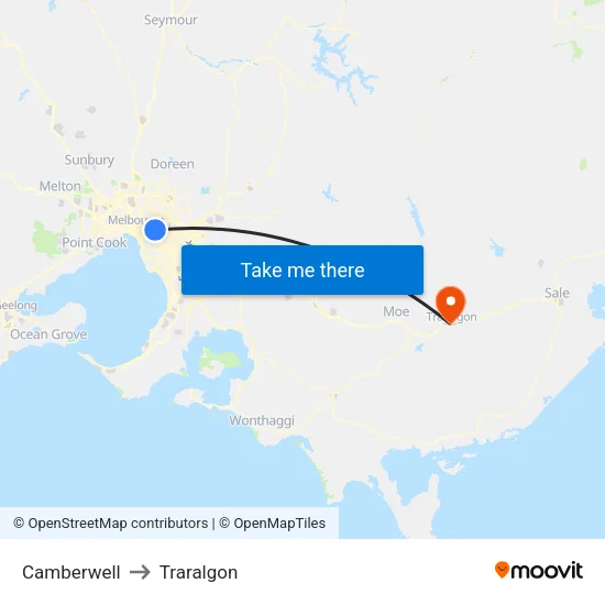 Camberwell to Traralgon map
