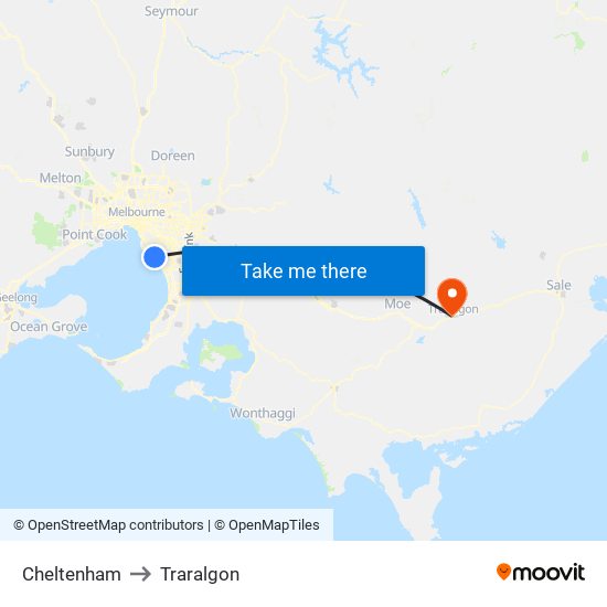 Cheltenham to Traralgon map