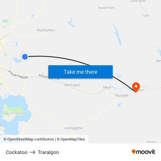 Cockatoo to Traralgon map