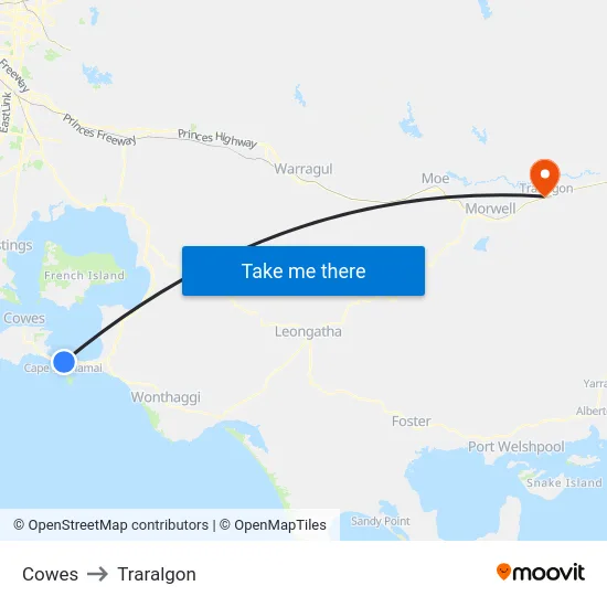 Cowes to Traralgon map